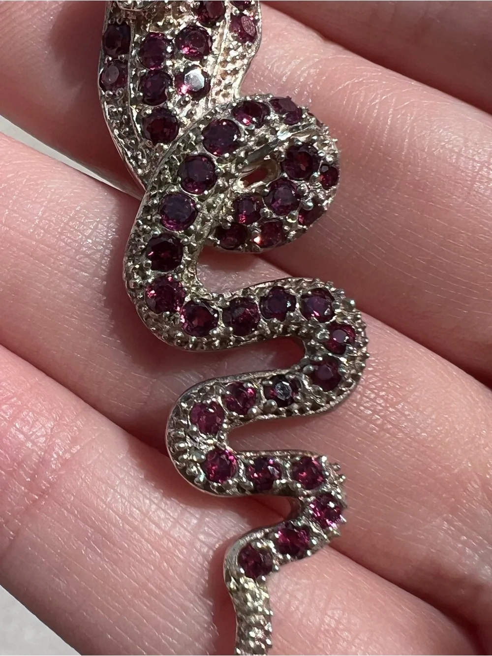 925 Sterling Silver Pave Gemstone Snake Pendant 2.5” Pink Stones